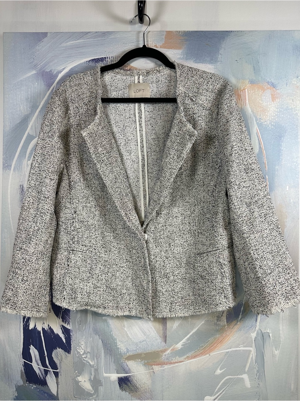 LOFT Size 14 XL Tweed Blazer Gray Black Bouclé Fringe Hem Lightweight Jacket